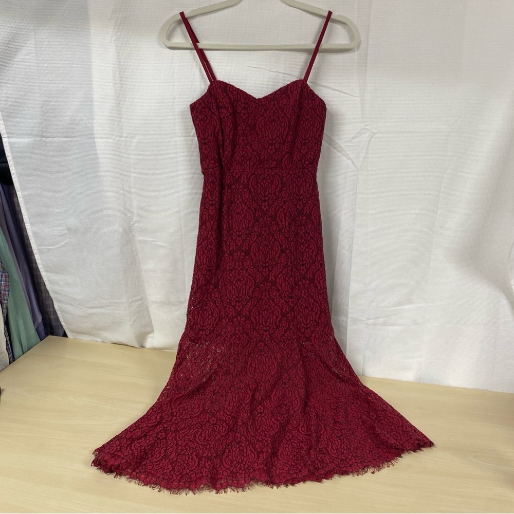4SIZNNA Burgundy Red Lace Midi Dress Spaghetti Strap Small